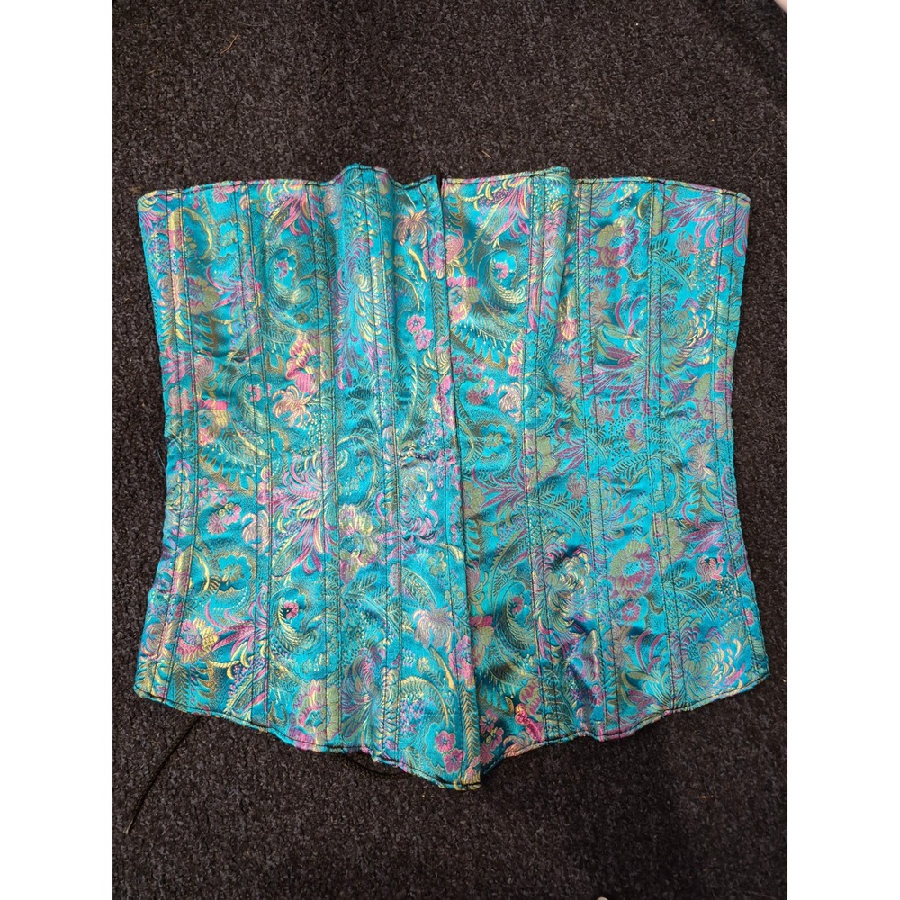 Tesa Teal Brocade Floral Corset Top Metallic Jacquard Lace Up Back Teal Pink